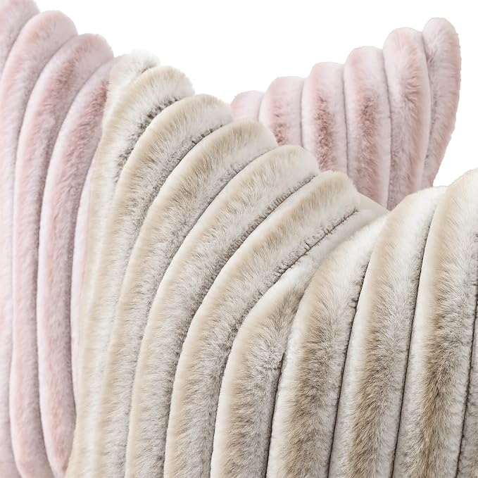 decorUhome Fall Faux Fur Throw Pillow Covers 20x20 Set of 2 Beige White | - Image 2