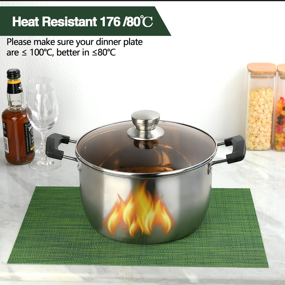 Green Placemats Set of 8 - Wipe Clean Vinyl Placemats - Washable Heat Resistant PVC Placemats for Dining Table - 17x12 Inch (Green, 8)