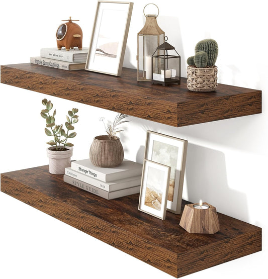 Heimlove 36 Inch Floating Shelves for Wall Set of 2,Rustic Brown Wall Shelves for Storage & Decor - Heavy Duty with Invisible Brackets,Perfect for Living Room,Bedroom,Home Office