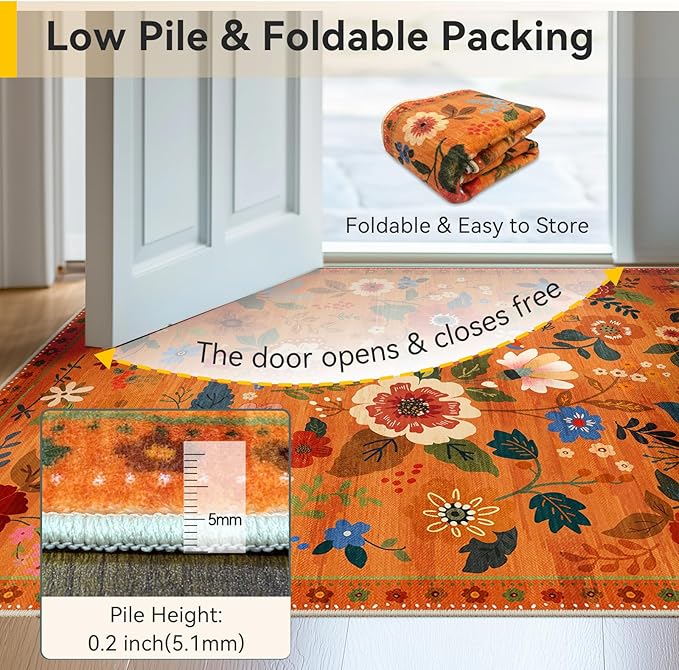 RELEANY Floral Washable 8x10 Area Rugs BurntOrange | Flower Carpet Print Boho - Image 4
