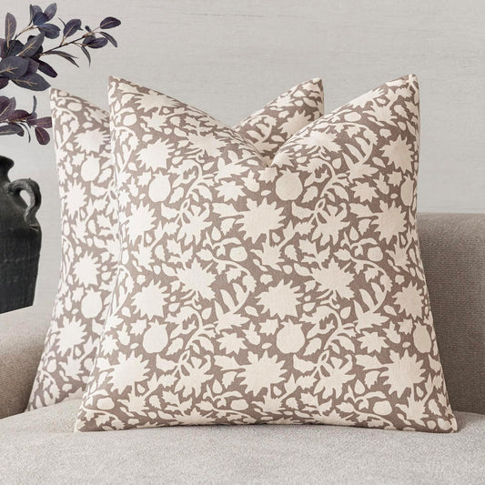 Foindtower Set of 2 Decorative Neutral Floral Throw Pillow Covers Accent Farmhouse Cushion Covers Boho Vintage Pillowcase for Couch Sofa Bedroom Living Room Home Decor Outdoor,22×22 Inch,Tan