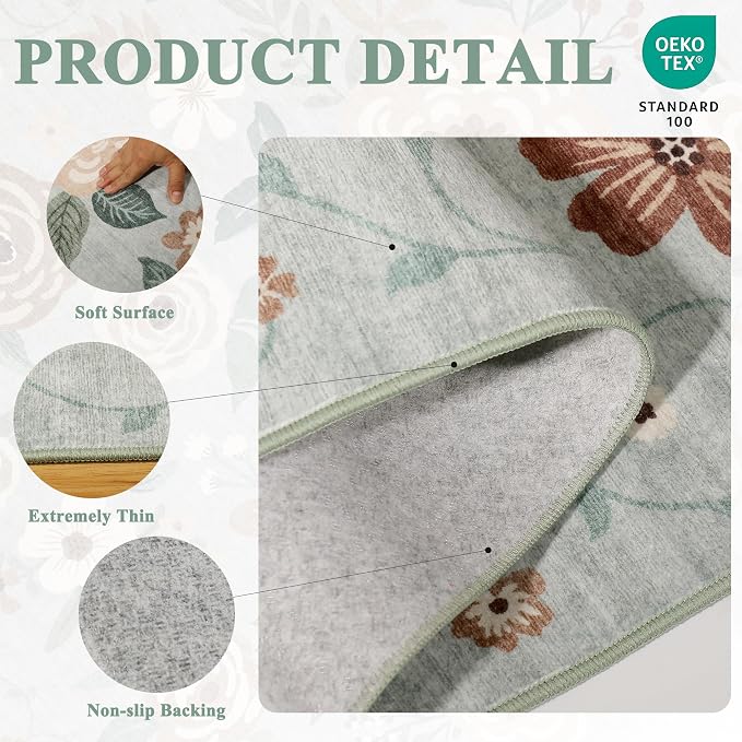 DUKINO 8x10 Area Rugs, Floral Washable Living Room Rug Non Slip, Sage Green | - Image 5