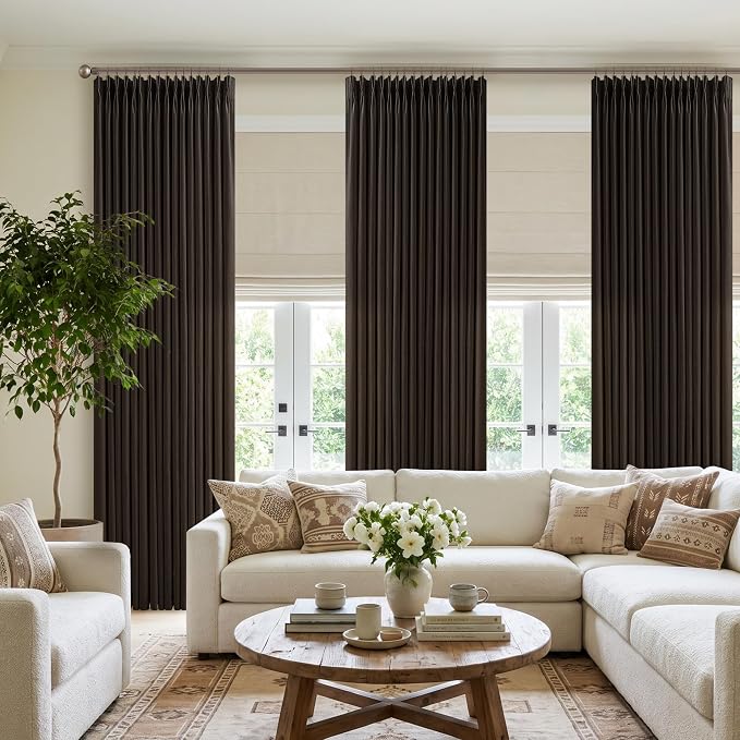 108 Inches Dark Brown Linen Pinch Pleated Semi Sheer Curtains 50W | Pleat Flax - Image 8