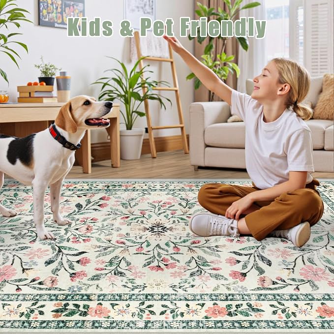 PLHXFR 6x9 Area Rug Living Room: Floral Washable Boho Carpet Green Beige | - Image 9