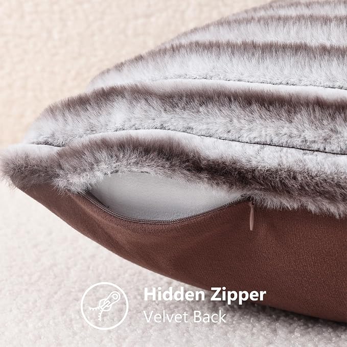 decorUhome Fall Faux Fur Throw Pillow Covers 20x20 Set of 2 Brown White | - Image 8