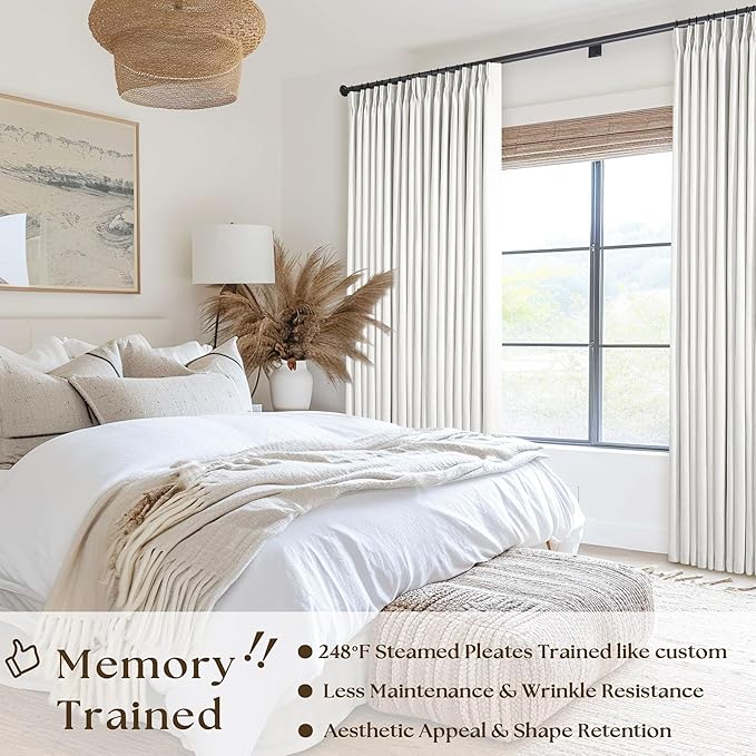 Beige White Pinch Pleated 100% Blackout Linen Curtains W60xL102 1 Panel | Black - Image 2