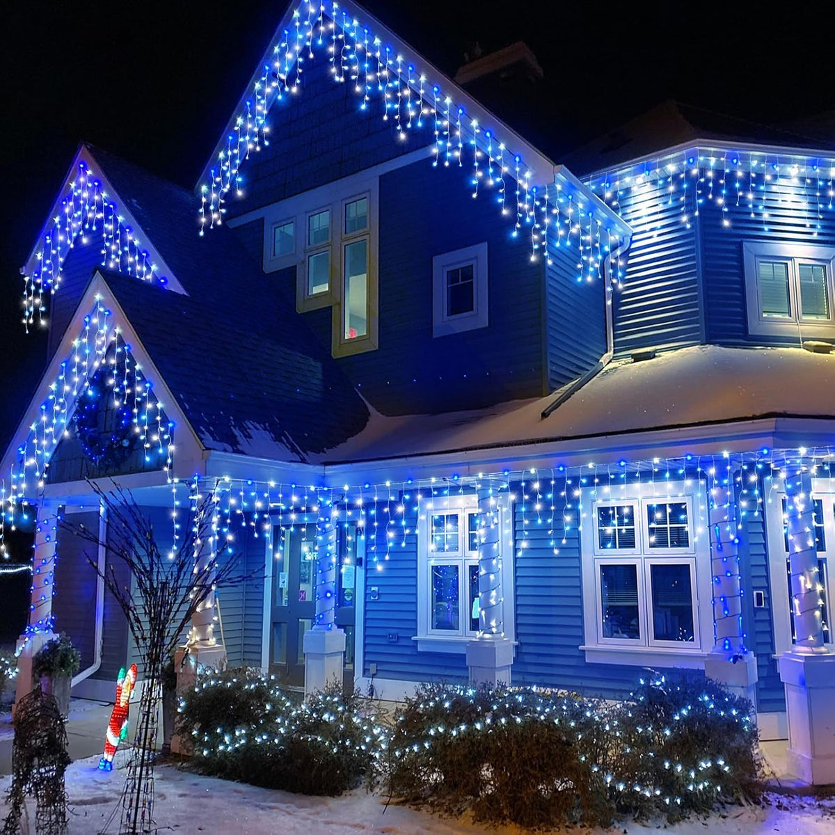 33ft Icicle Lights for Outside, Blue and White Christmas Lights Outdoor Indoor, 400 LED Twinkle String Light with 75 Drops Short Curtain Light for Thanksgiving Room Home Wall Bedroom Window Decoration