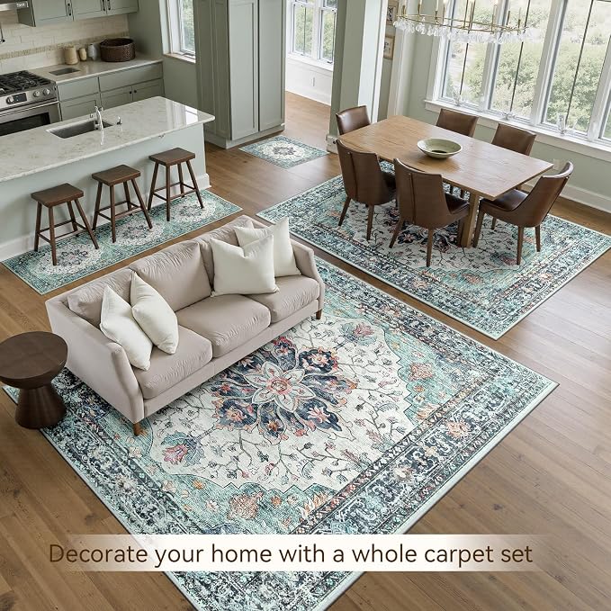 RELEANY Washable Area Rug, Large 10'x14', Teal Green/White/Navy | Non-Slip - Image 4