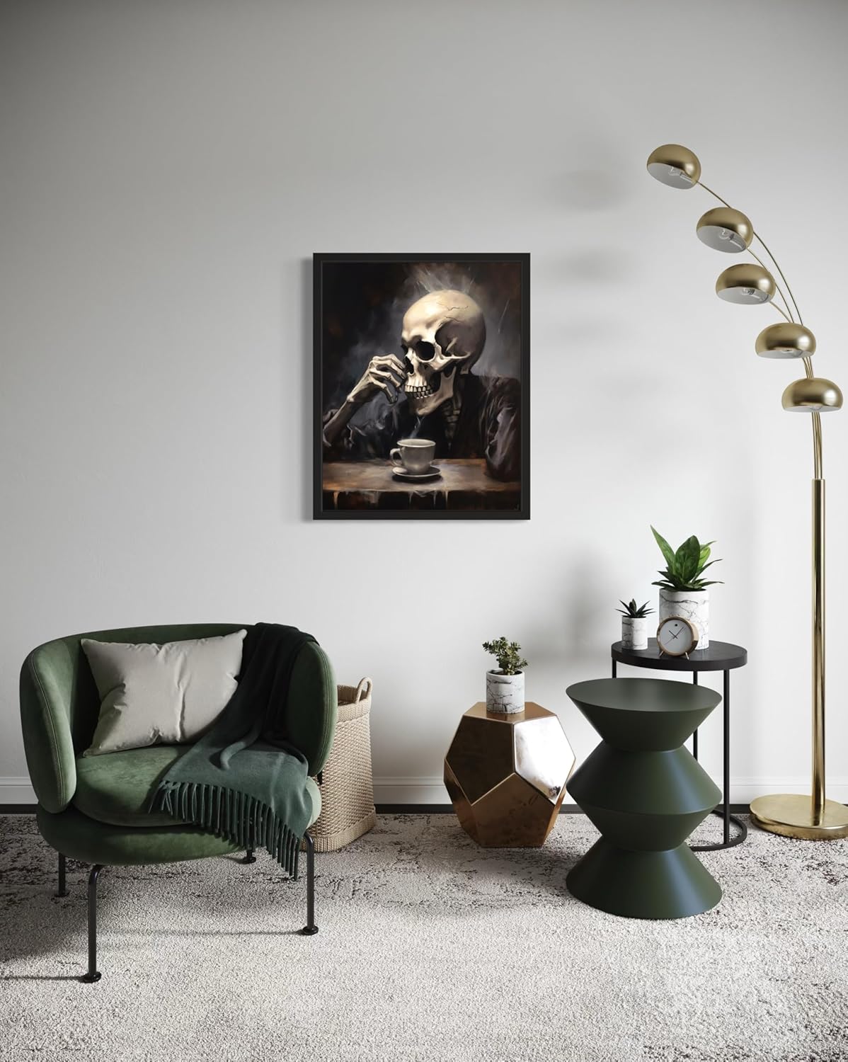 Skull Drinking Coffee Poster Art Print, Halloween Scary Vintage Wall Art Academia Spooky Painting Decoration for Horror Prints, Gothic Posters Bedroom Decor 89 (Skull Drinking Coffee, 11 x 14 inches, Black Frame)