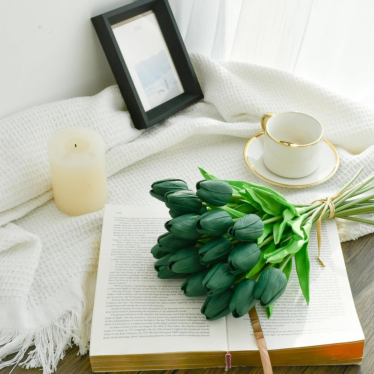 Mandy's Artificial Tulips 20 Stems Dark Green PU Faux Flowers for Wedding Home Decor 13.5 Inch