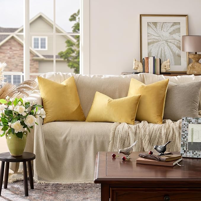 GIGIZAZA Yellow Velvet Pillow Covers 26x26 Decorative Pillows Pack of 2 | Throw - Image 2