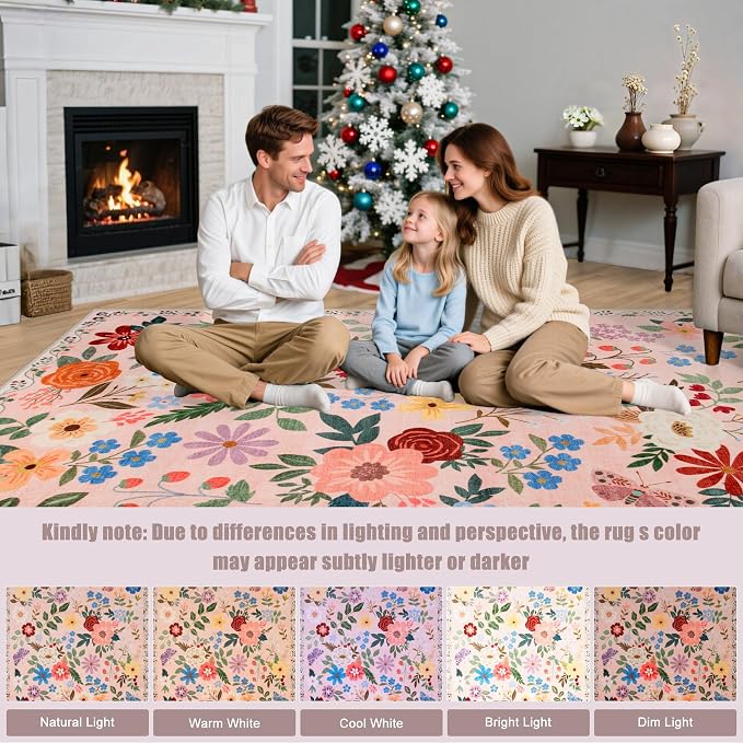 PLHXFR Round Area Rug Living Room: 4 ft Floral Washable Soft Carpet Beige | - Image 9