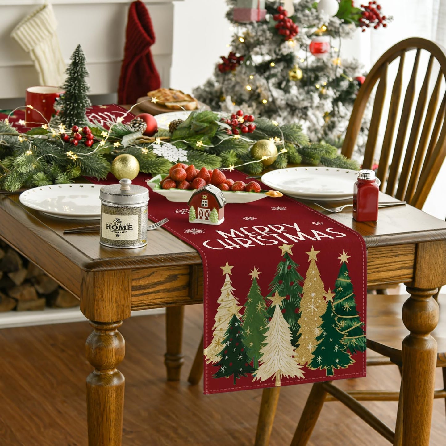 Artoid Mode Xmas Trees Snowflakes Red 210 GSM Merry Christmas Table Runner, Winter Kitchen Dining Table Decoration for Home Party Decor 13x90 Inch
