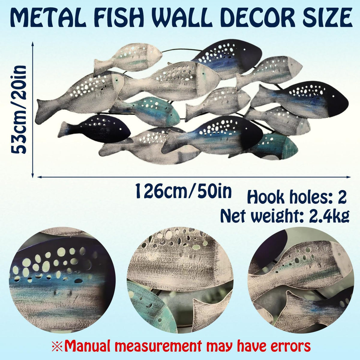 edaknez Coastal Metal Fish Wall Decor, Large Nautical Wall Art, School of Fish Wall Sculpture, for Living Room, Bedroom Beach or Ocean Decor (C 50 inch x 21 inch)
