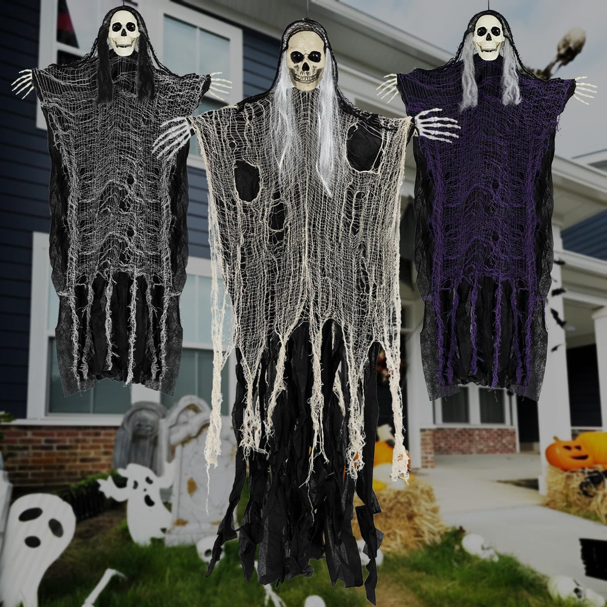 Halloween Decorations Outdoor and Indoor,3PCS Scary Hanging Ghosts,Halloween Grim Reaper Skeleton,Scary Party Decorations for Yard,Haunted House Decor