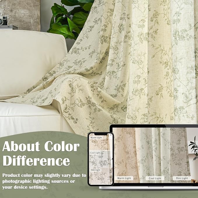 Extra Long Green Vintage Floral Linen Curtains Farmhouse 2 Panels | Elisa - Image 6
