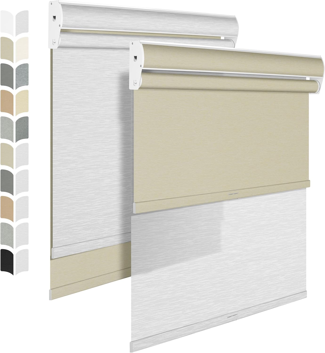 BERISSA Cordless Dual Roller Shades with Cassette Valance, Double Window Shades - Blackout and Light Filtering, Day and Night for Home Office Door. Beige and White. 70 W x 64" H