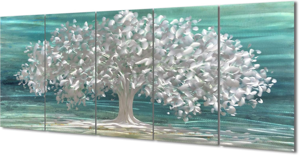 Yihui Arts Tree Of Life Metal Wall Art Handcrafted Aluminum Artwork Teal and Silver Abstract Nature Pictures in 5 Pieces for Living Room Bedroom Bathroom Decor