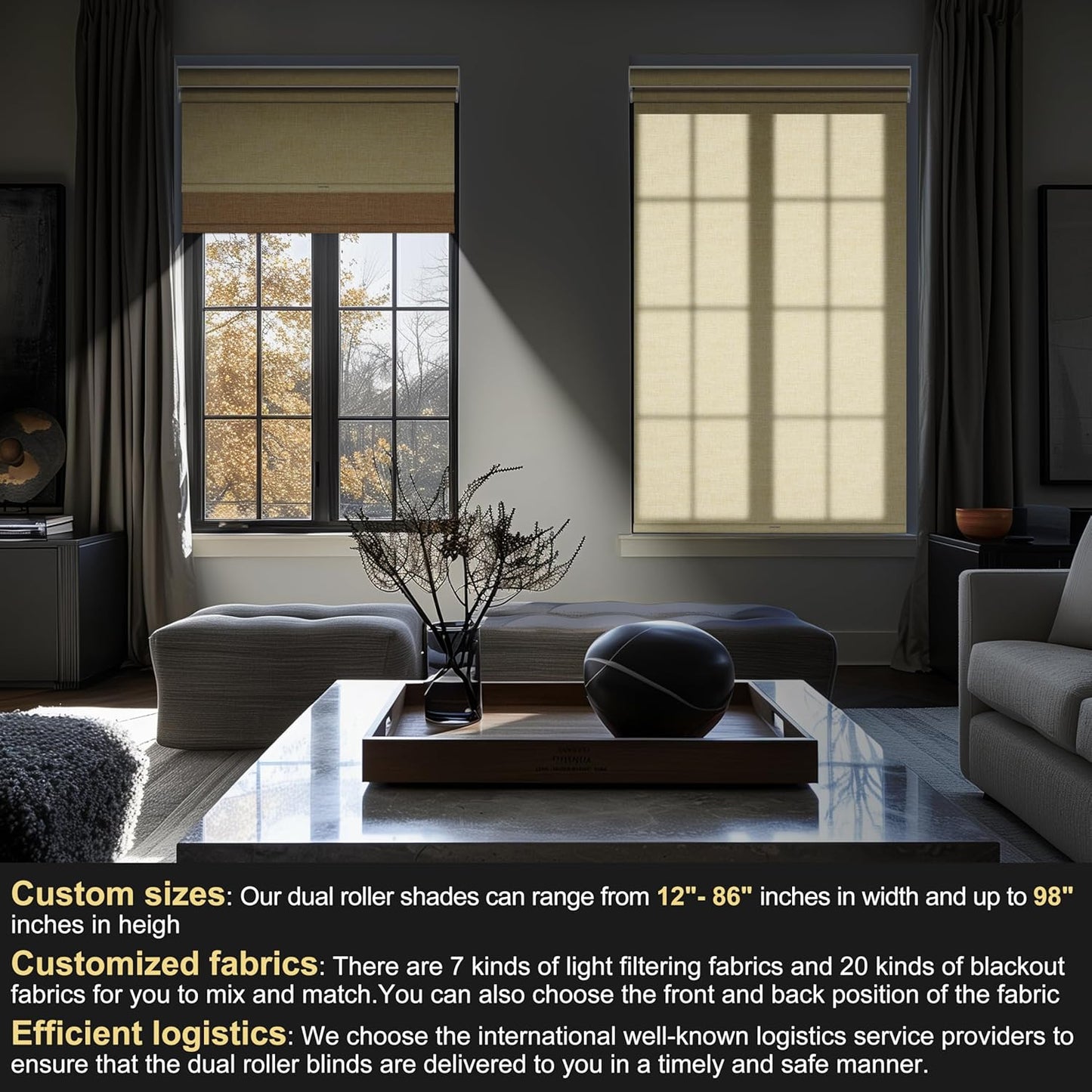 BERISSA Cordless Dual Shades with Valance - Double Window Shades - Blackout/Light Filtering - Day/Night for Home Office Door - Linen Beige - 49 W x 64" H