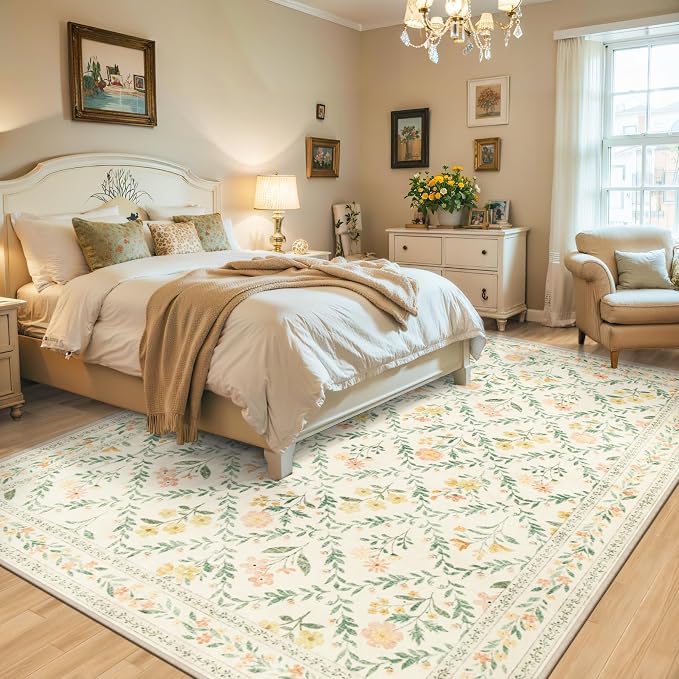 PLHXFR 6x9 Area Rug Living Room: Floral Washable Boho Carpet Beige Multi | - Image 3