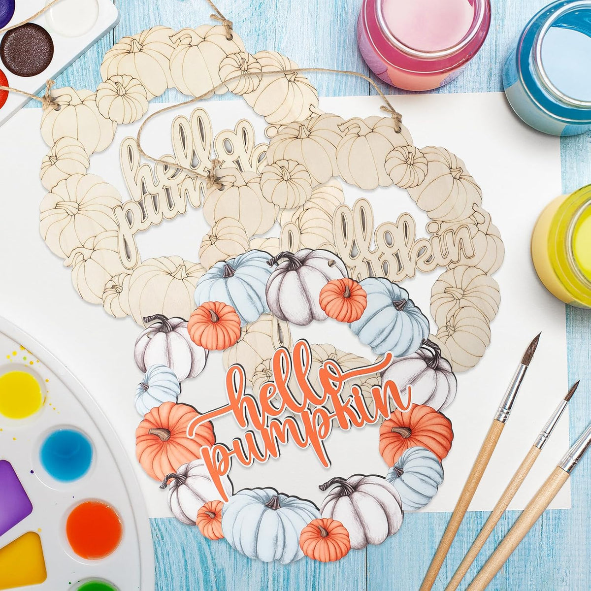 Unfinished Fall Wreaths Wood Crafts to Paint Set of 3, 11" Bulk Fall Pumpkin Wreath Ornaments for Painting, Unfinished Wood Cutouts DIY Ornaments for Front Door with Ropes (Pumpkin)