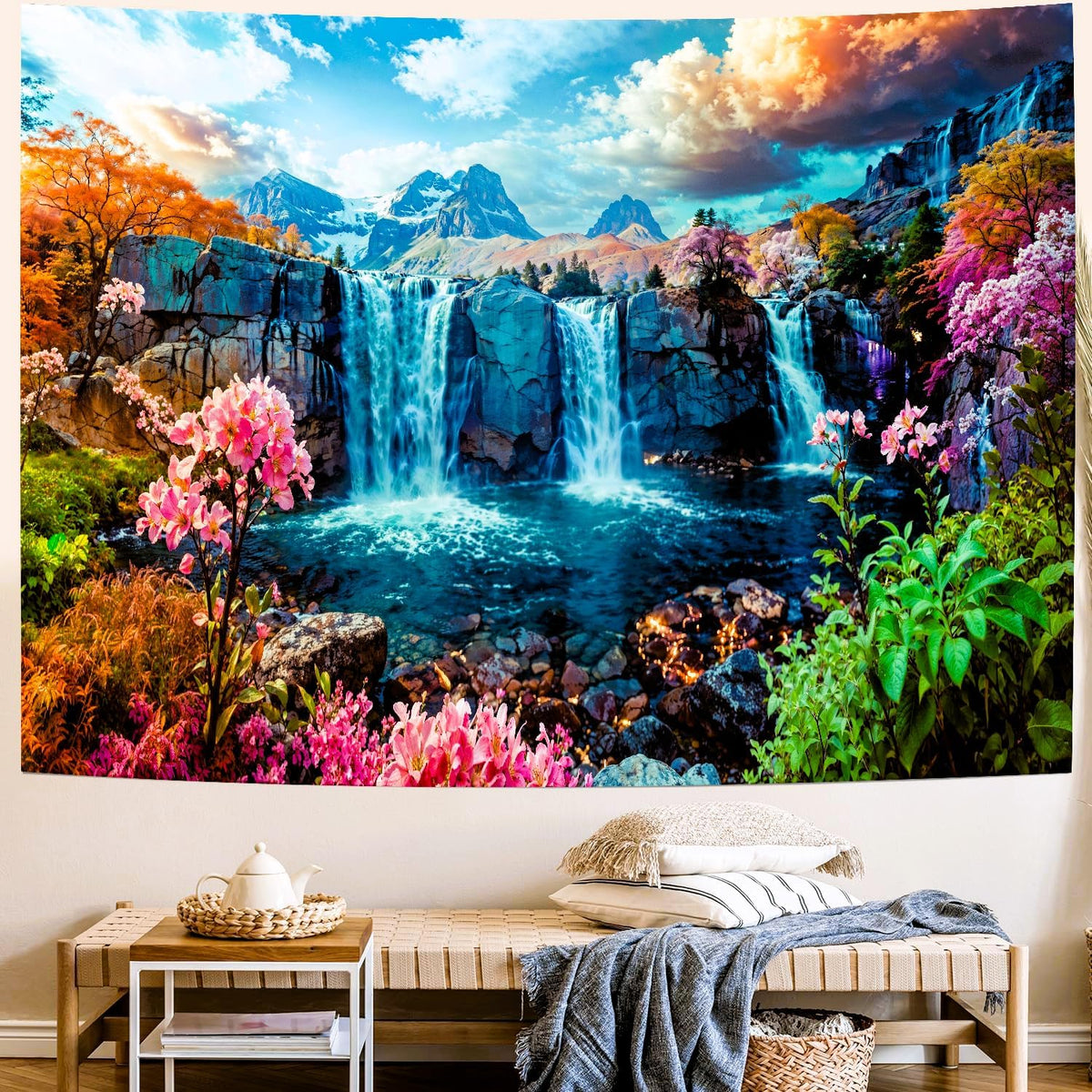 Delur Waterfall Tapestry Tropical Forest Mountain Sunset Tree Wall Hanging Tapestry Scenic Rainforest Landscape Nature Sunrise Headboard for Bedroom Living Room Home Decor (59.1" x 78.7")