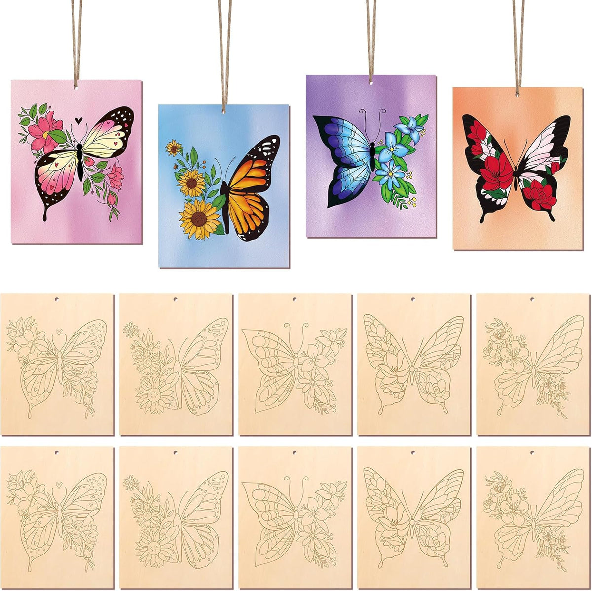 COCHIE 10 Pieces Large Spring Butterfly Unfinished Wood Crafts to Paint for Adults and Kids, Bulk Predrilled Wooden Ornaments for Painting, Butterflies Paintable Wood Slices Craft Supplies with Ropes