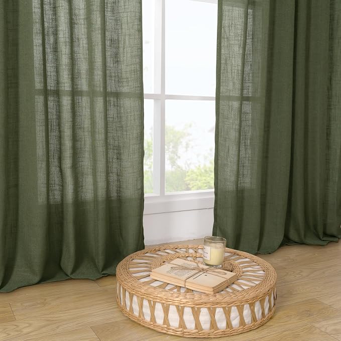 Linen Semi Sheer Curtains 96 inches Long 2 Panels Set, Olive Green | Light - Image 9
