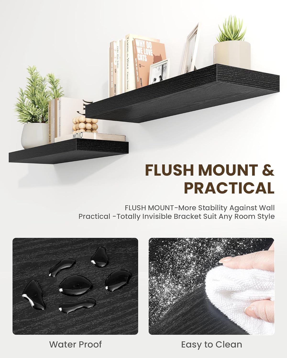 Marsmiles 36" Floating Shelves for Wall, Wooden Shelves with Invisible Brackets Set of 2, Rustic Farmhouse Wall Mounted Shelf for Kitchen Bathroom Living Room Study, Black