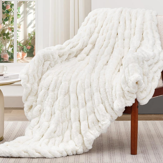 Touchat Ruched Faux Rabbit Fur Blanket, 700 GSM Luxury Dual-Sided Soft Cozy Blanket, Fuzzy Fluffy Plush Throw for Bed, Couch and Sofa - 60"x80", Cream White