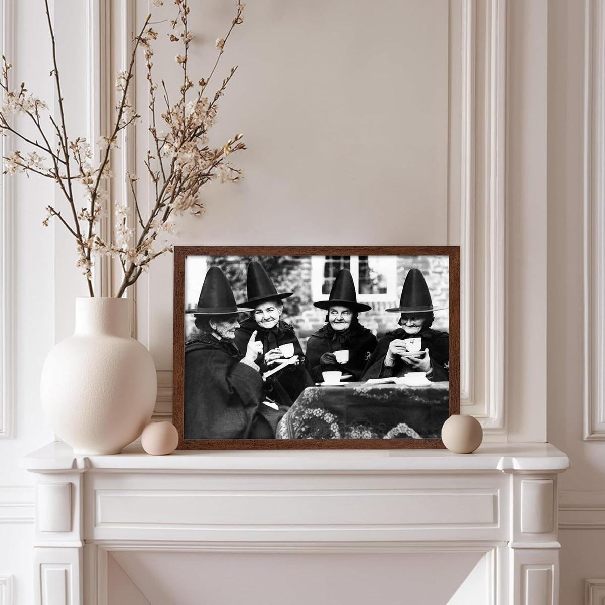 Poster Master Classic Photograph Poster - Vintage Halloween Print - Gift for Artist, Friend - Witches Tea Party, Old Women Smiling, Wearing Robes - Wall Decor for Living Room, 8x10 Brown Framed