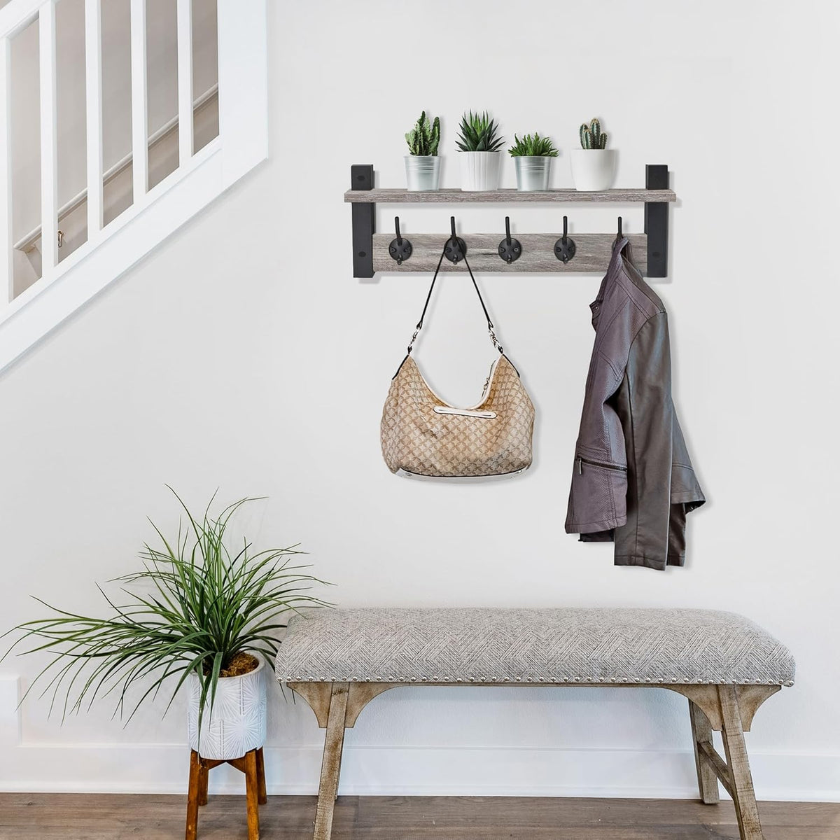 Sorbus Coat Hooks Wall Mount with Shelf – 24 Inch Coat Rack Wall Mount with 5 Heavy Duty Hooks – Floating Wall Shelf with Hooks for Entryway, Bathroom, Bedroom, Kitchen, or Mudroom (Gray)