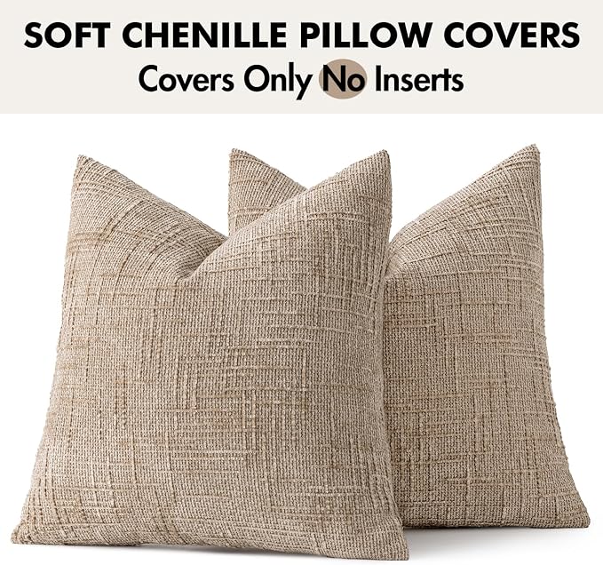 MIULEE Chenille Textured Euro Throw Pillow Covers Oatmeal 26x26 Set of 2 | - Image 7