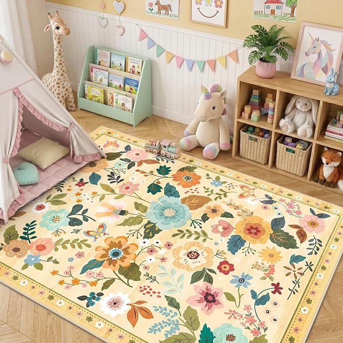 RELEANY Floral Washable 5x7 Area Rugs Ivory/Yellow | Flower Carpet Print Boho - Image 2
