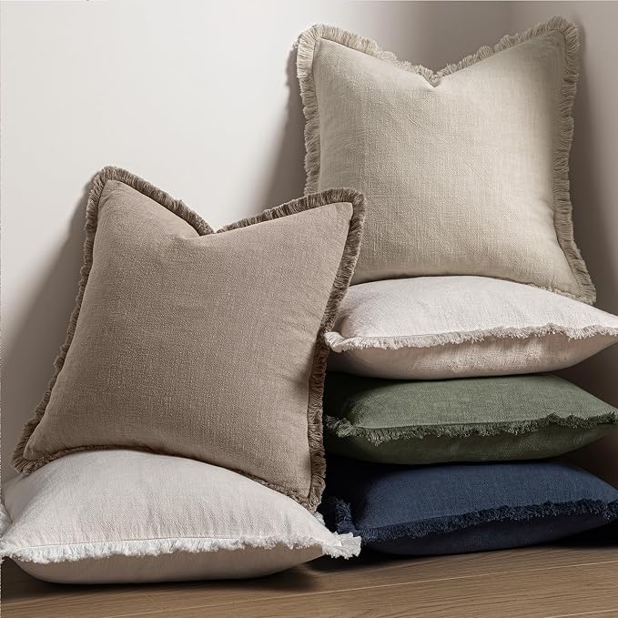 MIULEE Linen Fringe Decorative Fall Euro Throw Pillow Covers Dune 22x22 | Set - Image 5