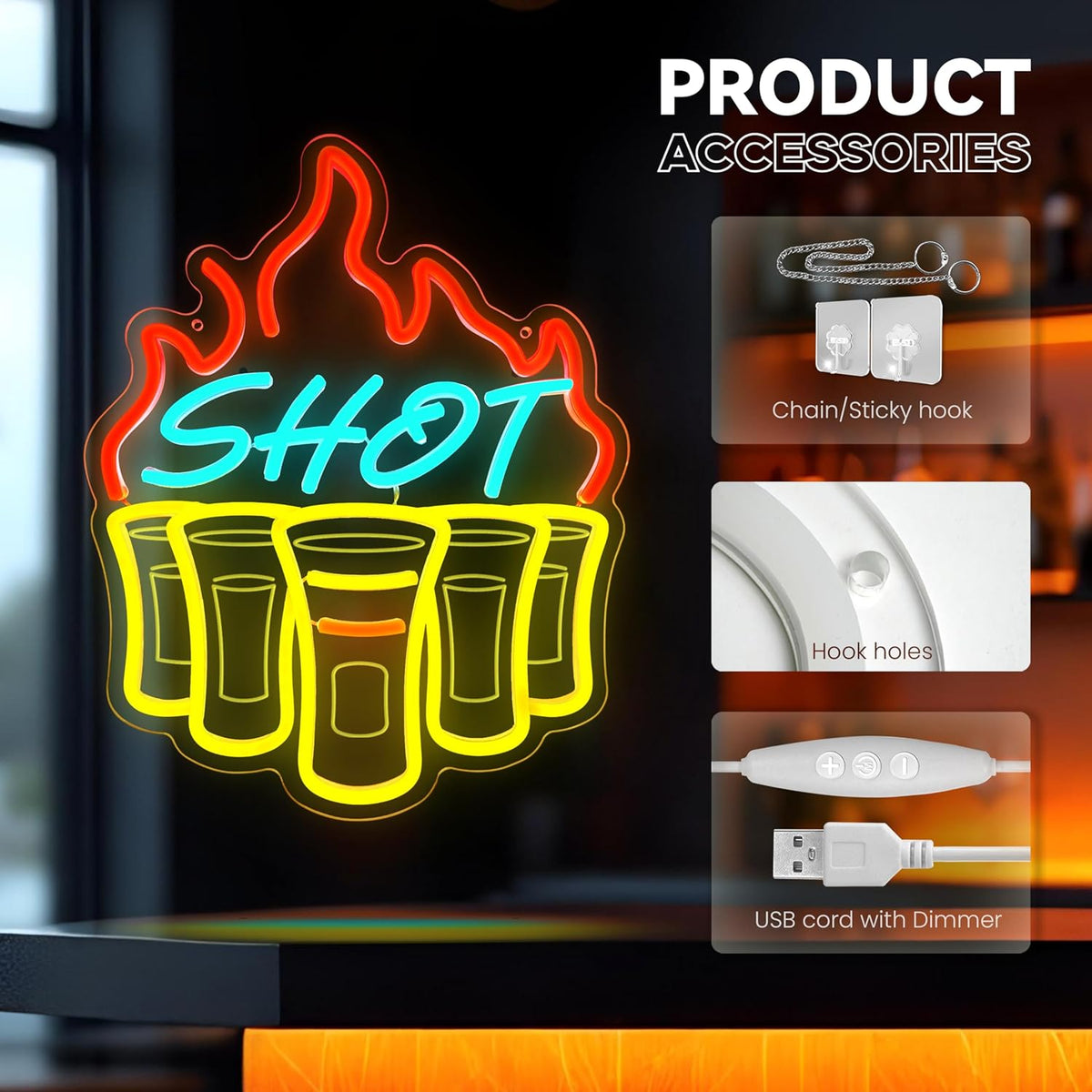 Shot Neon Signs for Wall Decor, Bar Neon Sign, Dimmable Acrylic LED Lights for Home Bar Pub Club Bistro Man Cave Restaurant Party Decorations Gift