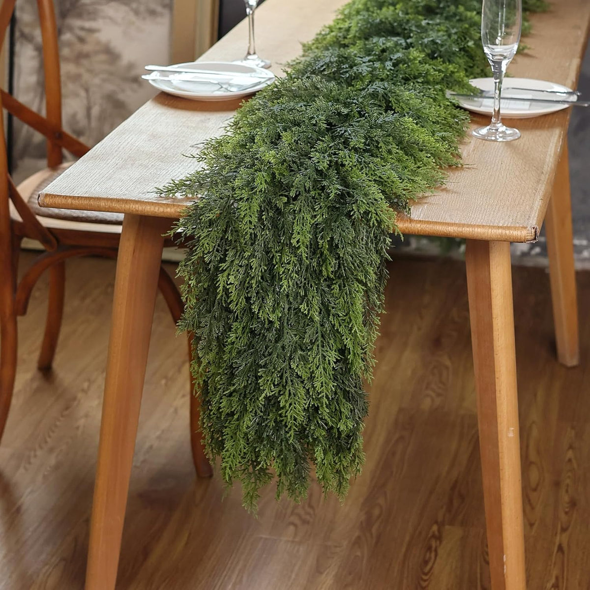 Real Touch Christmas Cedar Garland -5ft Artificial Garlands Faux Cedar Fake Pine Needles Garland for Fireplace,Table,Window,Stairs,Mante,Holiday Indoor Outdoor Xmas Decor(2PCS)