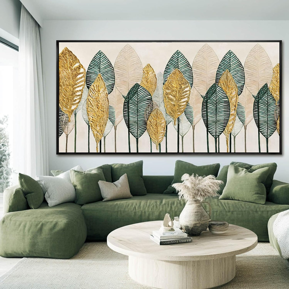 Contemporary Framed Wall Art Green and Gold Wall Decor Leaves Wall Prints Line Wall Posters 29"x58" Living Room Decorations Kitchen Art