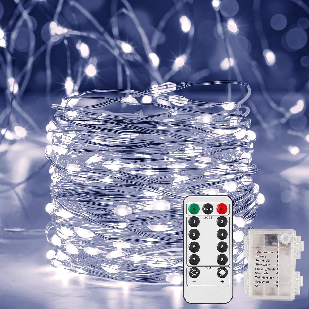 4 Pack 16.4 Ft. Battery Operated Outdoor String Lights with Remote & Timer, LED Cool White Fairy Lights, Waterproof Twinkle Lights for Bedroom, Dorm, Mason Jar, Wedding, Party, Christmas