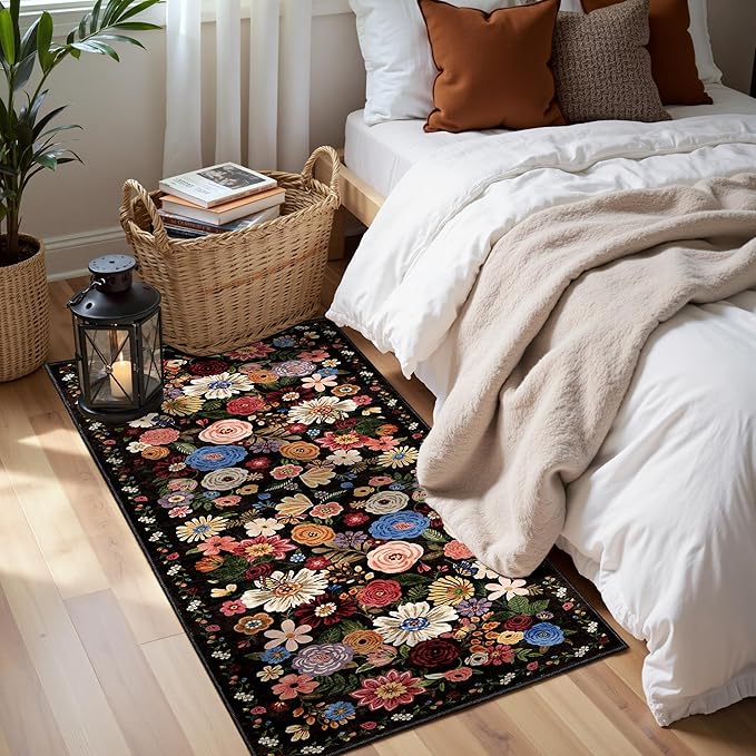 Black Brown Floral Hallway Runner Rug 2x4 by WelcometoBabovid