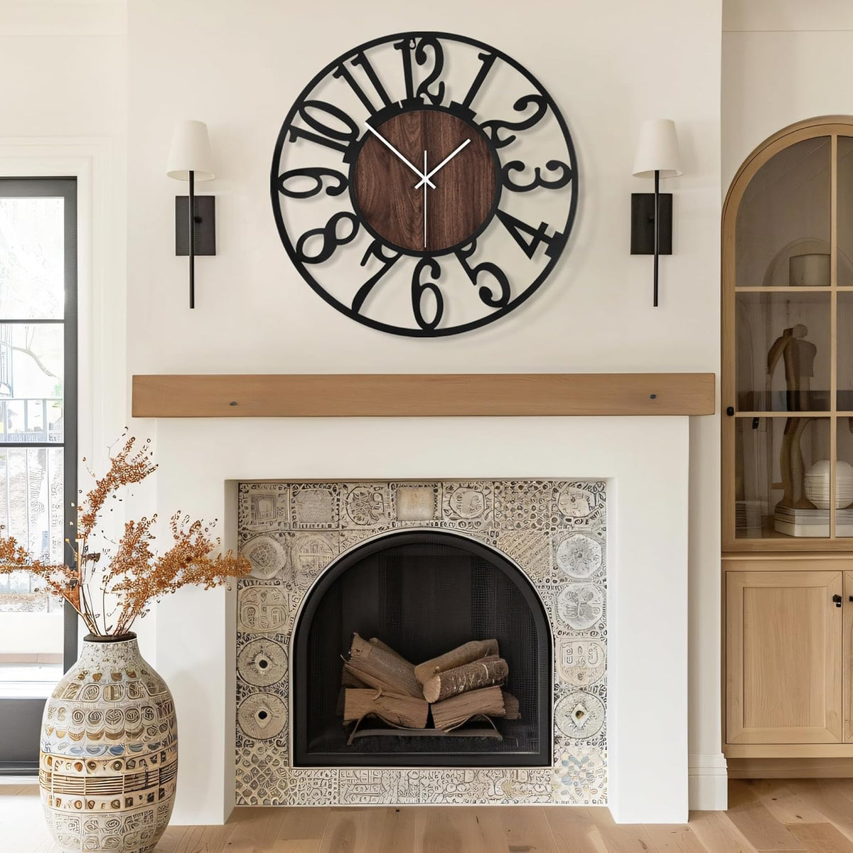 Maxstar Large Round Wall Clock for Living Room Decor Battery Operated Non Ticking Black Metal Wood Clocks for Home Living Room Garden Farmhouse Office Kitchen Decoration -32 inch
