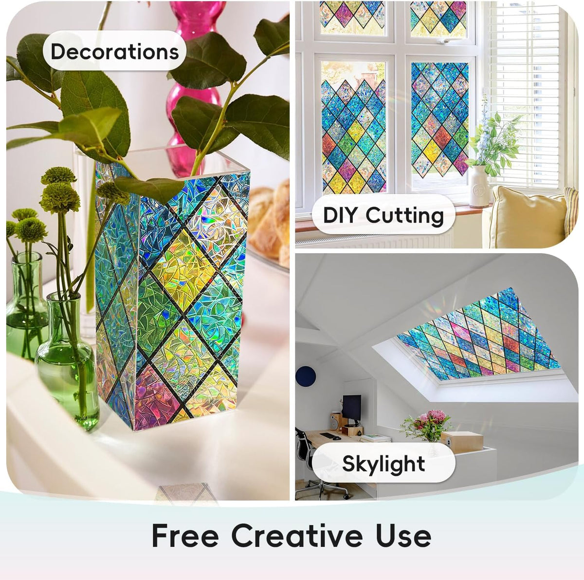 DUOFIRE Stained Glass Window Film Decorative Window Privacy Film Rainbow Diamond Grid Colorful Lattice Windows Cling Anti UV Static Cling Reusable Windows Decal for Home 11.8×39.3 inch