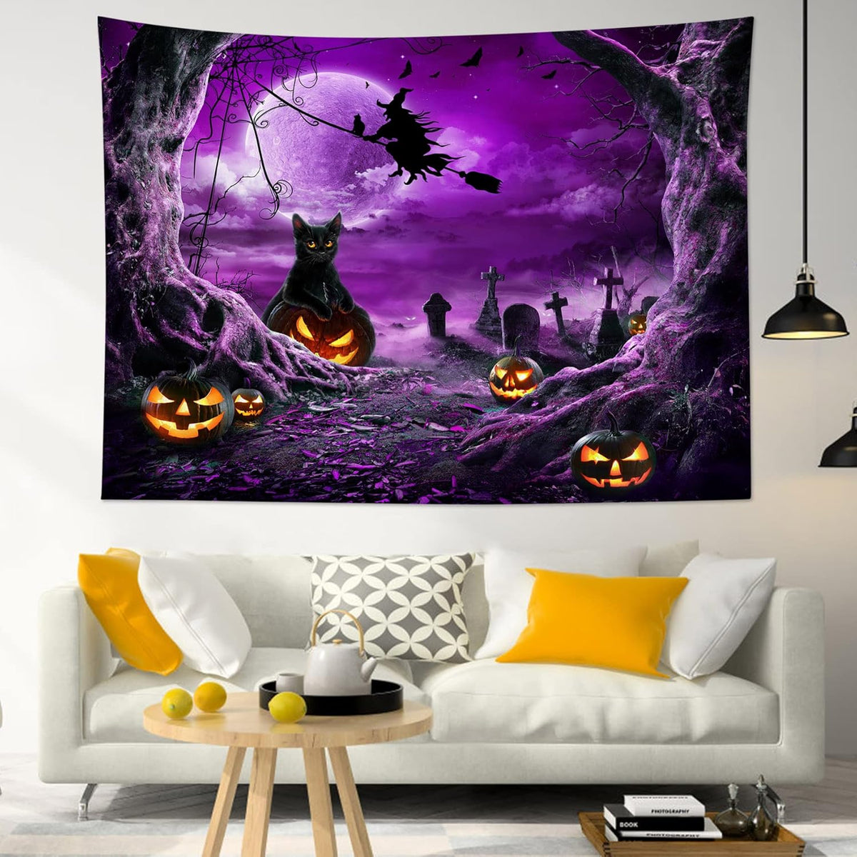 LB Halloween Tapestry Horror Witch Cat and Dead Tree Pumpkin Lights with Spooky Graveyard Tapestry Wall Hanging Purple Full Moon over Misty Forest Wall Decor for Bedroom Living Room Dorm 60x40 Inches