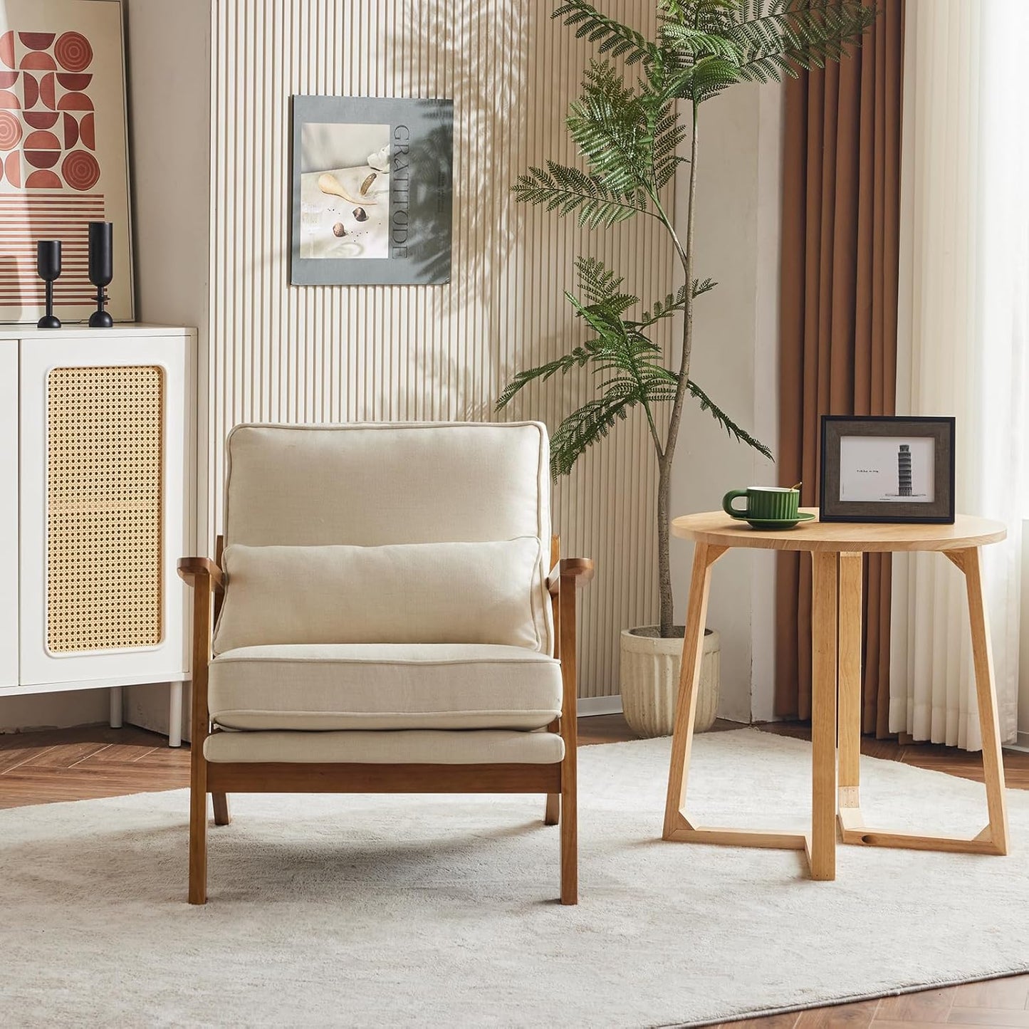 Karl home Accent Chair Wide Armrest Mid-Century Lounge Chair Linen Fabric Armchair with Lumbar Pillow & Solid Wood Frame for Living Room, Bedroom, Balcony, Beige
