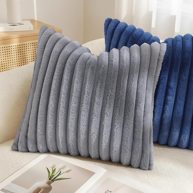 decorUhome Fall Faux Fur Throw Pillow Covers 22x22 Set of 2 Grey | Decorative - Image 4
