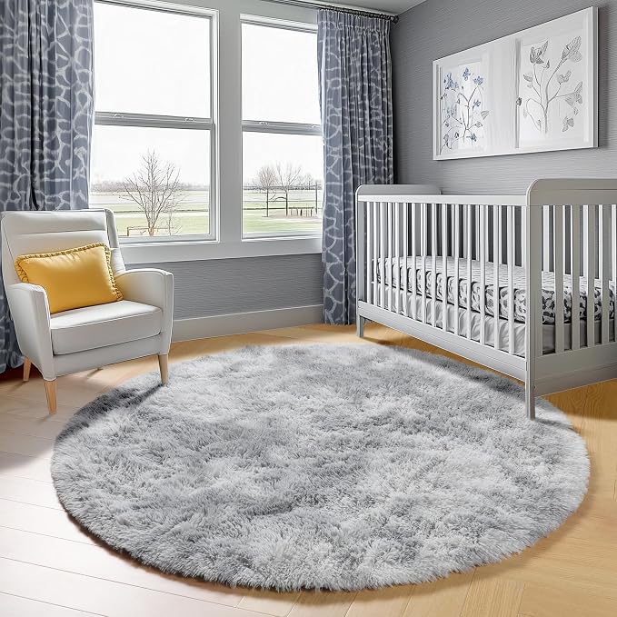 Tie-Dyed Light Grey Round Area Rugs 6ft, Ultra Soft Bedroom Circle Rug - Image 8