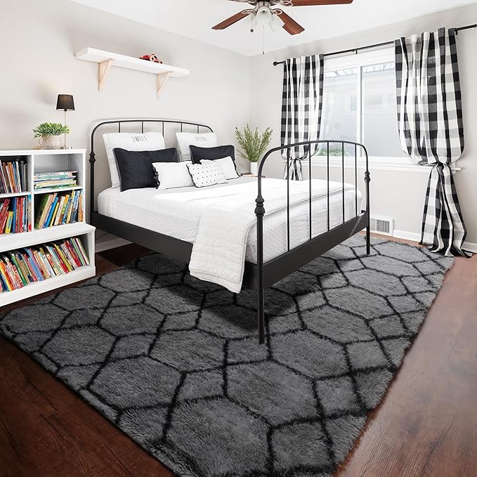 7x9 Area Rugs for Living Room Bedroom, Fluffy Grey and Black Geometric Rug | - Image 8