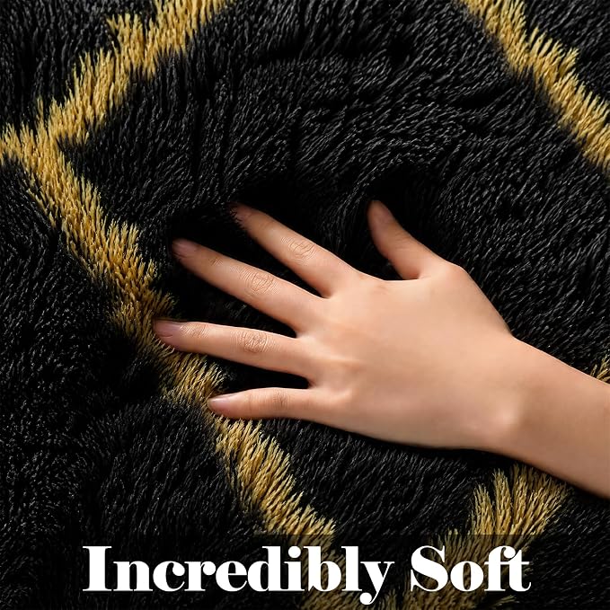 Area Rugs for Bedroom Living Room, 4x6 Fluffy Black and Gold Geometric Rug | - Image 3