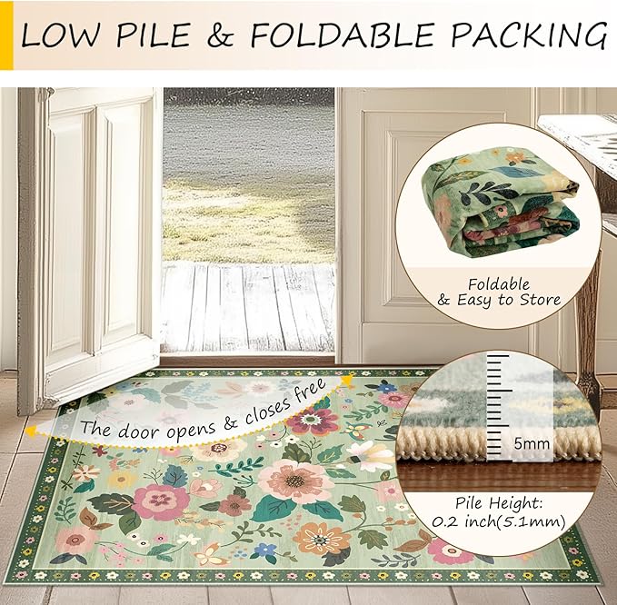 RELEANY Floral Washable 6x9 Area Rugs LightGreen | Flower Carpet Print Boho - Image 4