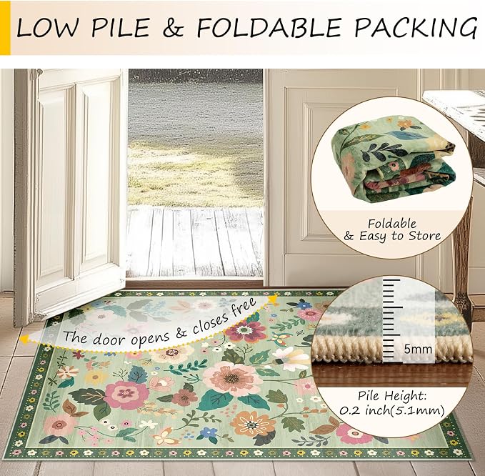 RELEANY Floral Washable 2x3 Area Rugs Doormat LightGreen | Flower Carpet Print - Image 5